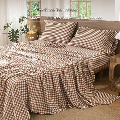 MooMee Gingham Sheet Set 100% Washed Cotton Linen Like Textured Breathable Soft w/Fully Elasticized 16-19" Deep Pocket (Classic Gingham Dark Orange, King)
