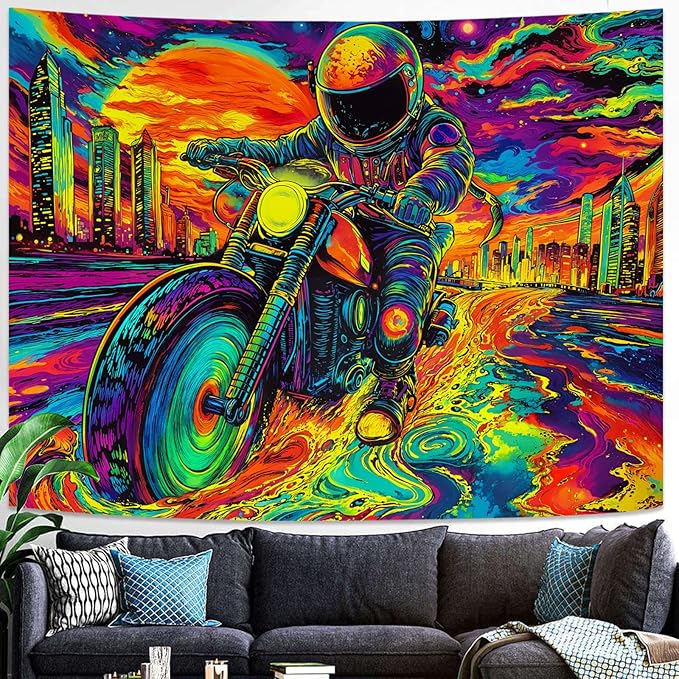 Blacklight Astronaut Tapestry Wall Hanging Space Galaxy Travel Funny Motorcycle Tapestries for Bedroom Colorful Aesthetic Cool Wall Art for Guys Gamer Room Dorm Living Room (motorcycle, 48''×36'')