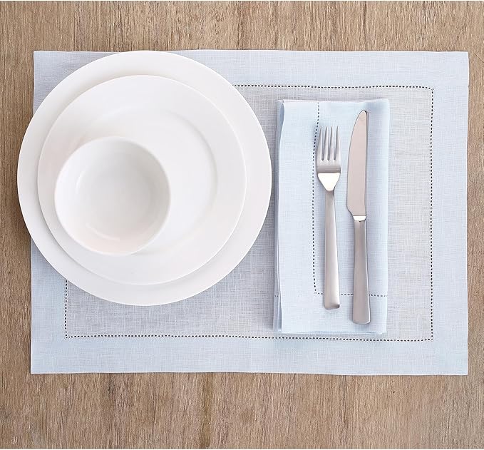 Solino Home Light Blue Linen Napkins Set of 6-100% Pure Linen Hemstitch Dinner Napkins 20 x 20 Inch for Winter, New Year - Classic Hemstitch