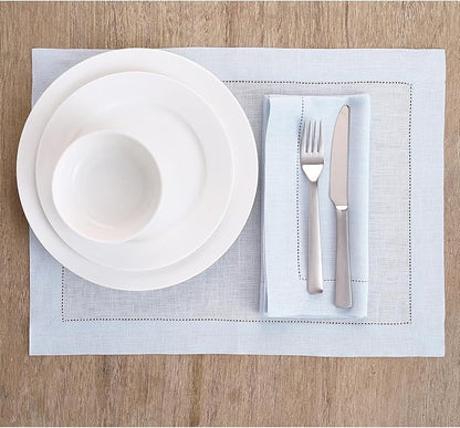 Solino Home Light Blue Linen Napkins Set of 6-100% Pure Linen Hemstitch Dinner Napkins 20 x 20 Inch for Winter, New Year - Classic Hemstitch