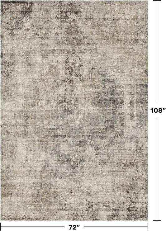 6x9 Brown Vintage Rug for Dining Room Under Kitchen Table, Modern Abstract Taupe Earthy Living Room Rug, Washable Non Slip Foldable High Traffic Area Carpet