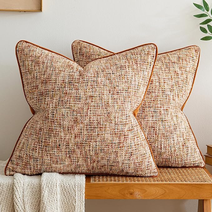 a moment Rust Orange Reversible Pillow Covers 2 Pack - Farmhouse Chenille Throw Pillows, Neutral Textured Decorative Throw Pillow Covers with Border for Couch Sofa Bed (18x18 Inch, No Insert)