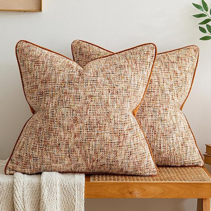 a moment Rust Orange Reversible Pillow Covers 2 Pack - Farmhouse Chenille Throw Pillows, Neutral Textured Decorative Throw Pillow Covers with Border for Couch Sofa Bed (18x18 Inch, No Insert)
