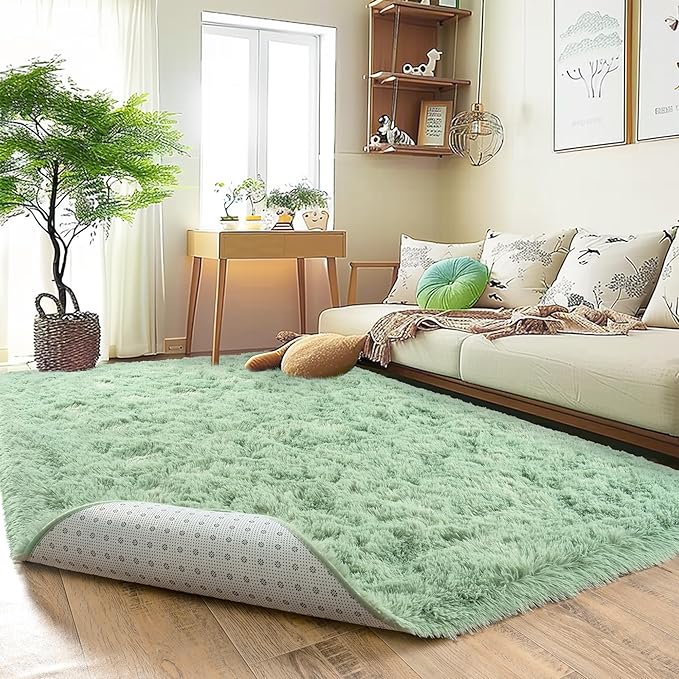 Ultra Fluffy Area Rugs for Living Room Bedroom, 6x9 Fuzzy Large Living Room Rugs, Thick Shag Rug for Dorm, Soft Non Slip Kids Girls Boys Rug for Home Decor Aesthetic, Sage Green
