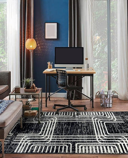Rugshop Black and White Geometric Area Rug – Abstract Curved Line and Square Pattern Carpet for Living Room, Bedroom, or Office – Contemporary Soft Floor Décor 4' x 6' Black