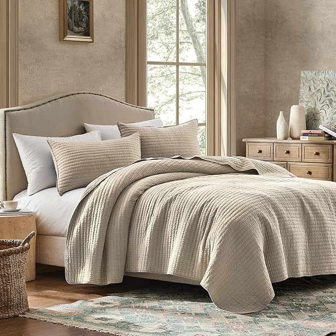 WDCOZY 100% Cotton Oversized King Size Quilt Set - Beige California Cal King Striped Pick Stitch Soft Lightweight Bedspread, Textured Like Linen, Farmhouse Country Rustic Coverlet, 3 Pieces