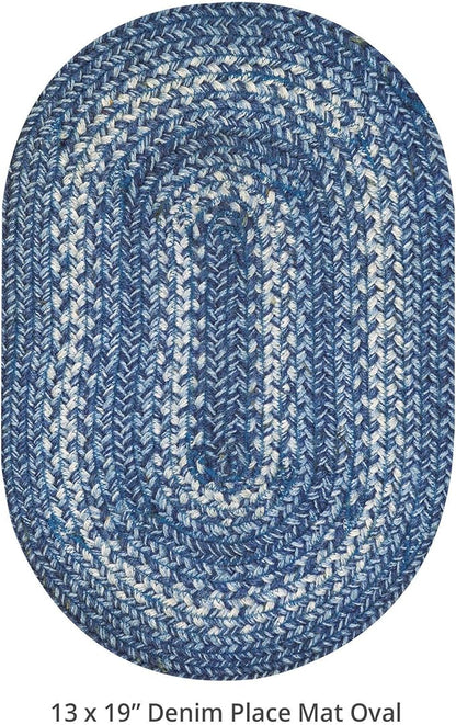 Homespice Denim Jute Braided Oval Placemats, Country Coastal Decor, Set of 6, 13x19 Blue Table Mats - Vibrant Colors, Durable, Easy to Clean and Protects Furniture