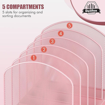 Inclined Desk File Organizer, 5-Section Vertical File Folder Holder Stand Metal Rack File Sorter for Office Classroom Desktop Organization (Pink, 1Pack)