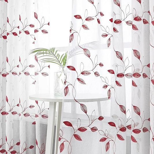 Tollpiz Burgundy Red Leaf Sheer Tier Curtains Leaves Embroidered Kitchen Short Curtain Rod Pocket Voile Bathroom Curtains for Cafe, 30 x 24 inches Long, Set of 2 Panels