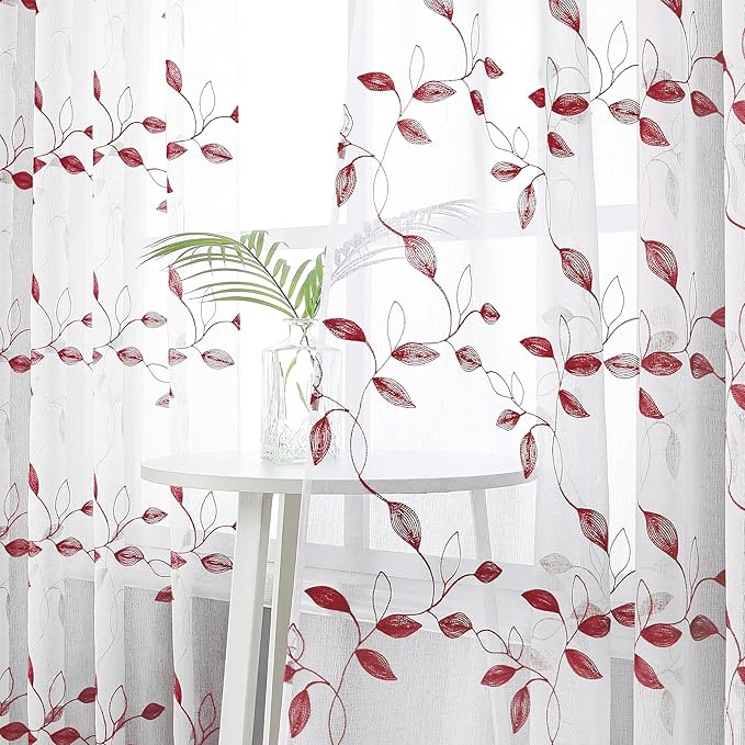 Tollpiz Burgundy Red Leaf Sheer Curtain Leaves Embroidered Living Room Short Curtains Rod Pocket Voile Window Treatment for Bedroom, 54 x 54 inches Long, Set of 2 Panels