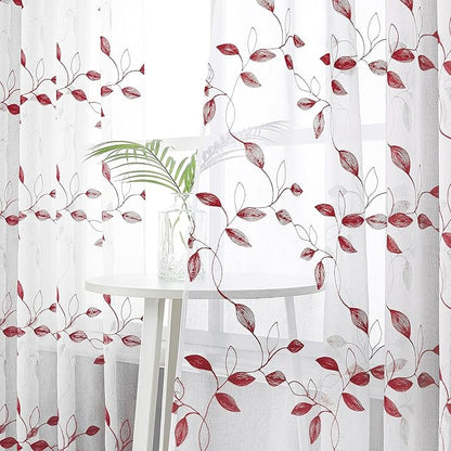 Tollpiz Burgundy Red Leaf Sheer Curtain Leaves Embroidered Living Room Short Curtains Rod Pocket Voile Window Treatment for Bedroom, 54 x 54 inches Long, Set of 2 Panels