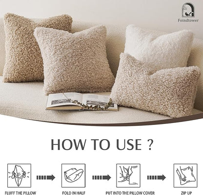 Foindtower 2 Pieces 22x22 Inch Light Khaki, Faux Fur Throw Pillow Cover Accent Sherpa Pillow Fuzzy Soft Pillowcases Sheepskin Decorative Fleece Cushion Case for Bed Couch Living Room