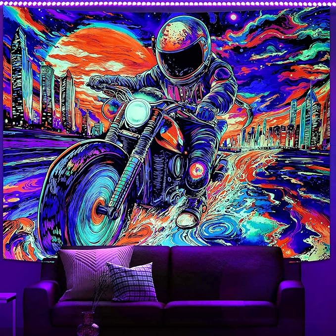Blacklight Astronaut Tapestry Wall Hanging Space Galaxy Travel Funny Motorcycle Tapestries for Bedroom Colorful Aesthetic Cool Wall Art for Guys Gamer Room Dorm Living Room (motorcycle, 60''×44'')