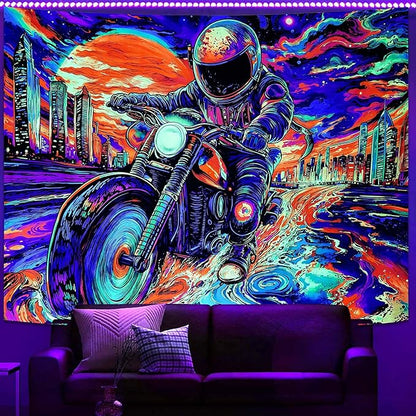 Blacklight Astronaut Tapestry Wall Hanging Space Galaxy Travel Funny Motorcycle Tapestries for Bedroom Colorful Aesthetic Cool Wall Art for Guys Gamer Room Dorm Living Room (motorcycle, 60''×44'')