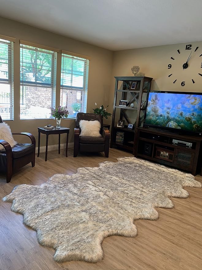 LAMBZY Faux Sheepskin Super Soft Hypoallergenic Silky Shag Rug for Living Room, Kids Room, Sofa (Duo Decto 12 Pelts 6'x12', White/Black Tips)