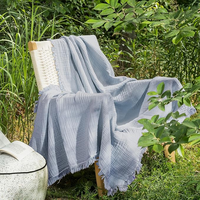 MooMee Muslin Blanket - 100% Cotton 4-Layer Gauze Throw Blanket with All-Around Fringe Ultra-Soft Breathable Lightweight Cooling for Bed Couch (Dusty Blue,Twin XL 66" x 90")