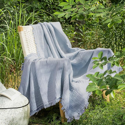 MooMee Muslin Blanket - 100% Cotton 4-Layer Gauze Throw Blanket with All-Around Fringe Ultra-Soft Breathable Lightweight Cooling for Bed Couch (Dusty Blue,Throw XL 50" x 70")