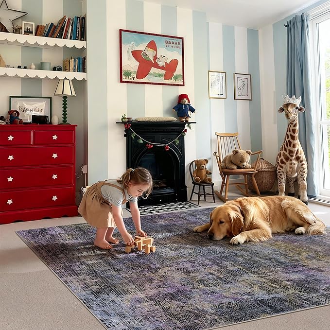 Kokia Abstract Area Rugs Washable Indoor 6x9 Rug Boho Distressed Retro Low Pile Non-Slip Non-Shedding Black Gray Carpet Bedroom Living Room Dining Room, Oslo Nebula