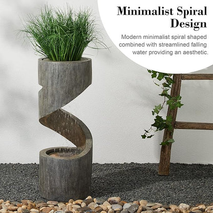 Glitzhome Tiered Outdoor Water Fountain with LED Light, Curved Outdoor Fountain Waterfall with Stone Planter, Freestanding Spiral Outdoor Garden Water Fountains, 31.3”H