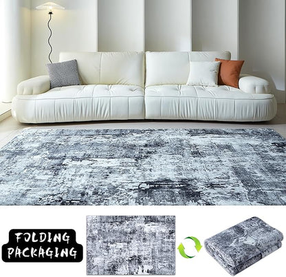 Rugcomf Area Rug 5x7 Washable Rug Boho Soft Abstract Pattern Non-Slip Faux Wool Vintage for Living Room, Bedroom, Farmhouse, Dining Room, Kids Playroom, Grey and Black