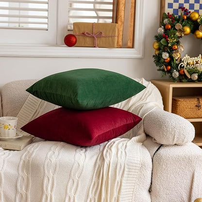 FEVERQIYI 22x22 Velvet Pillow Covers Set of 2 Christmas Red Decorative Square Throw Pillowcase Soft Solid Cushion Covers for Bedroom Living Room Outdoor Indoor Decoration