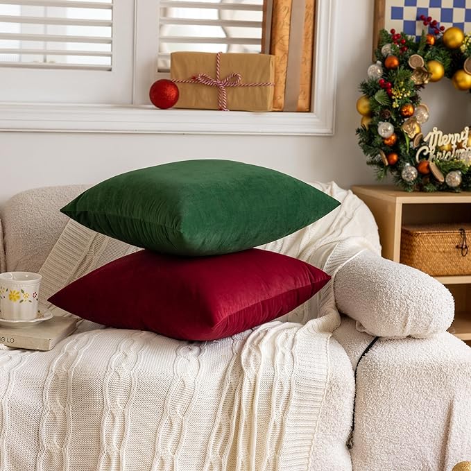 FEVERQIYI 24x24 Velvet Pillow Covers Set of 2 Christmas Red Decorative Square Throw Pillowcase Soft Solid Cushion Covers for Bedroom Living Room Outdoor Indoor Decoration