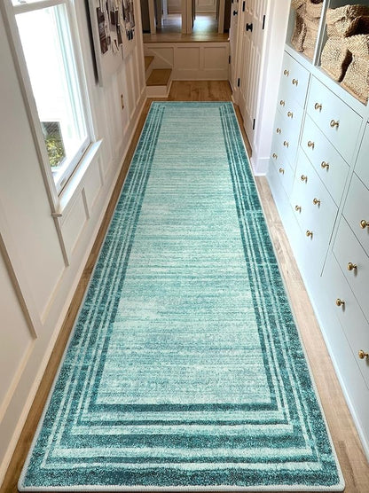 Lahome Modern Abstract Runner Rug, 2.5x10 Teal Long Kitchen Runner Non Skid Washablel Rug Runners for Hallways, Low Pile Soft Entryway Rug Indoor Floor Carpet Runner 10ft for Bedroom Laundry