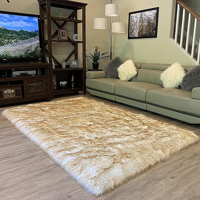LAMBZY High Pile Super Soft Faux Sheepskin Rug (6'x9', White/Brown Tips)