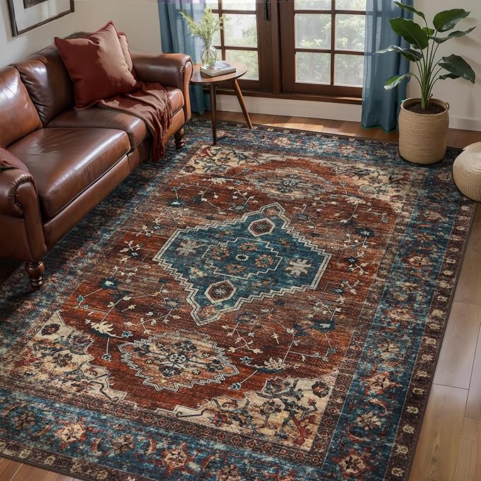 Tangsoo Washable Rug 4x6 Area Rug, Oriental Rug Indoor for Living Room, Non Slip Machine Washable Large Rugs, Soft Print Distressed Carpet for Bedroom Dining Room Dorm Office