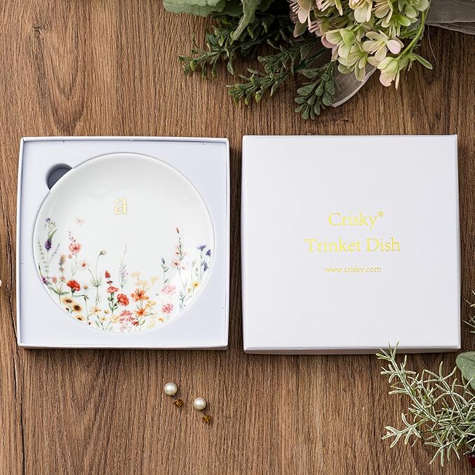 Crisky Initial Jewelry Tray Ring Dish & Gift Box, Ceramic Flower Trinket Dish for Rings Earrings Necklaces Keys, Bridal Shower Engagement Birthday Gift for Women, Friends 4.57" (Gold Foil A