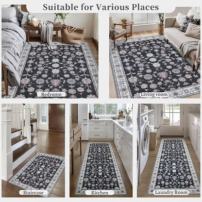Tangsoo Floral Area Rug 4x6 Machine Washable Rug Non-Slip Vintage Distressed Boho Print, Low Pile Carpet for Living Room, Bedroom, Dining Room, Pet & Child Friendly (Room Decor)