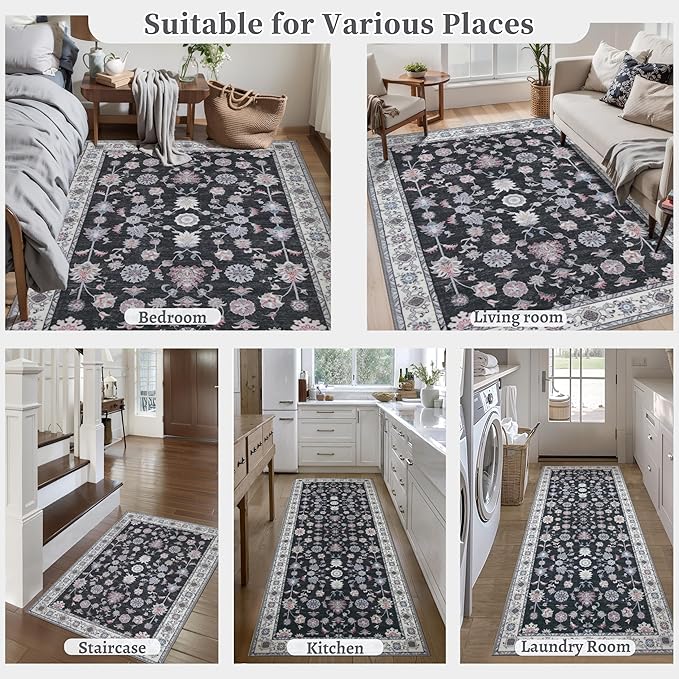 Tangsoo Floral Area Rug 3x5 Machine Washable Rug Non-Slip Vintage Distressed Boho Print, Low Pile Carpet for Living Room, Bedroom, Dining Room, Pet & Child Friendly (Black Red)