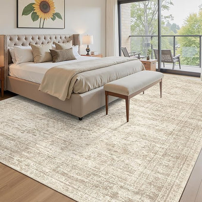 10x14 Area Rugs for Living Room, Non Slip Machine Washable Vintage Rugs, Low Pile Lightweight Large Rug for Bedroom, Dining Room, Home Office Beige