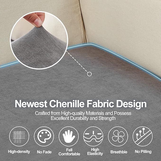Individual Couch Cushion Covers, Non-Fuzzy Chenille Sofa Covers for Seat Cushions, Clean Look, Durable Stretch Fit Couch Slipcovers for Sectional and L Shaped Sofas (2 Piece, Grey)