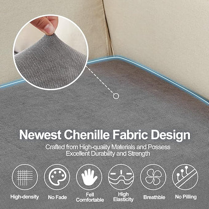 Large Chaise Cushion Cover, Non-Fuzzy Chenille Couch Covers with Clean Look for Sectional or L Shaped Sofa Chaise, Fits Left or Right Side, Durable Lounge Seat Protector (1 Piece, Grey)