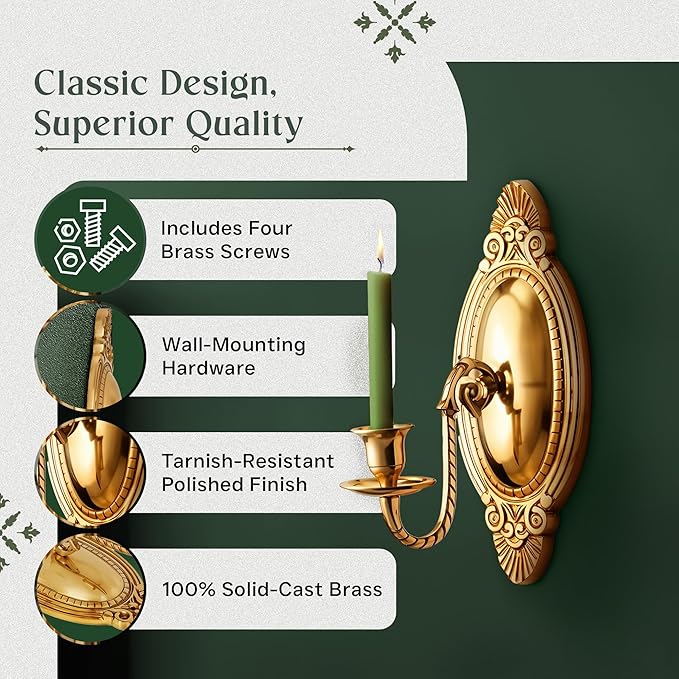 Solid Brass Wall Sconce Candle Holder 9 1/8 Inches H Victorian Vintage Style Decorative Candlestick Holders with Mounting Hardware Antique Wall Mounted Art | Renovators Supply Manufacturing