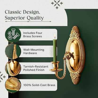 Solid Brass Wall Sconce Candle Holder 9 1/8 Inches H Victorian Vintage Style Decorative Candlestick Holders with Mounting Hardware Antique Wall Mounted Art | Renovators Supply Manufacturing