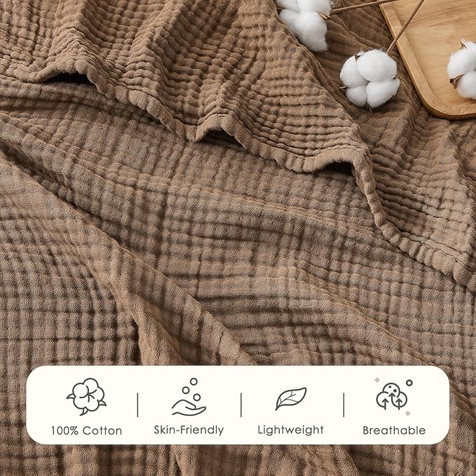 EMME Cotton Muslin King Blanket Bed Layering Breathable Gauze Blanket Soft Lightweight Blankets Adults (Brown, 108"x90")
