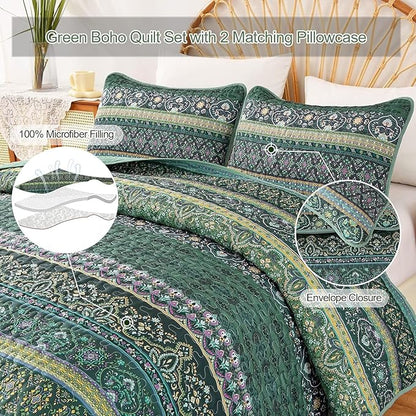 WONGS BEDDING Boho Quilt Full Size, Green Bohemian Full Quilt Set, Lightweight Microfiber Bed Decor Bedspread for All Season 78"x90"(3 Pieces)