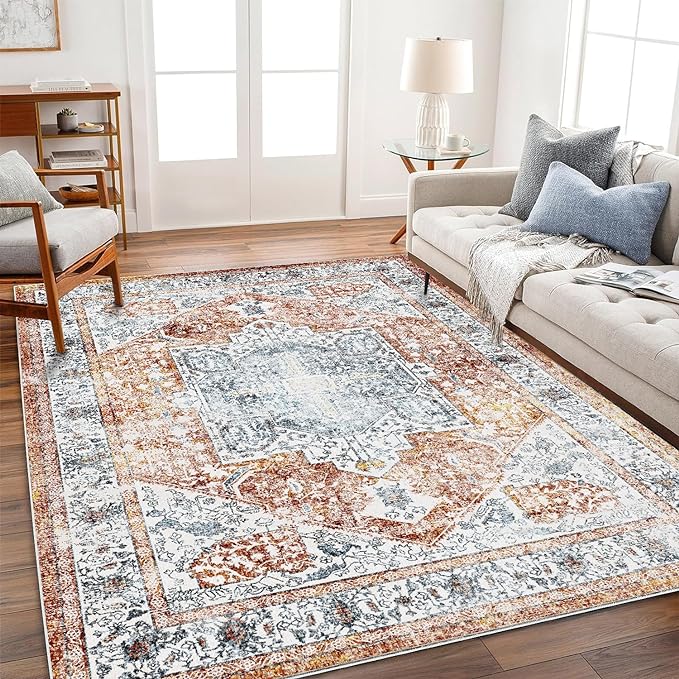 4x6 Washable Vintage Area Rug Tangerine Traditional Floor Cover Foldable Rug Retro Kitchen Accent Rug Indoor Distressed Non Slip Carpet Floral Print Mat Bedroom Living Room Bathroom
