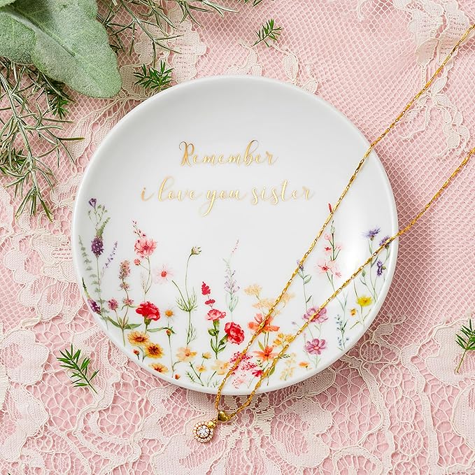 Crisky Jewelry Ring Dish for Sister Birthday Gifts, Thinking of You Gift for Sister Thanksgiving Day Christmas Graduation Gift Ideas (I Love You Sister) Floral Thrinket Tray