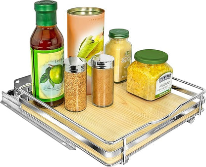LYNK PROFESSIONAL® Élite™ Pull Out Spice Rack Organizer for Inside Kitchen Cabinets - 10-3/8 inch Wide - Slide Out Drawer – Wood/Chrome Sliding Spice Cabinet Organization Shelf Racks - 1 Tier