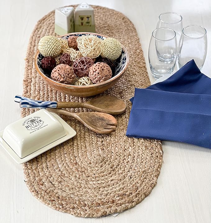 Chardin home Jute Braided Oval Table Runner | Boho Table Runner | Artisanal Center Piece for Table, Chests, Counter Tops and More | Handmade Natural Jute 13"x48"