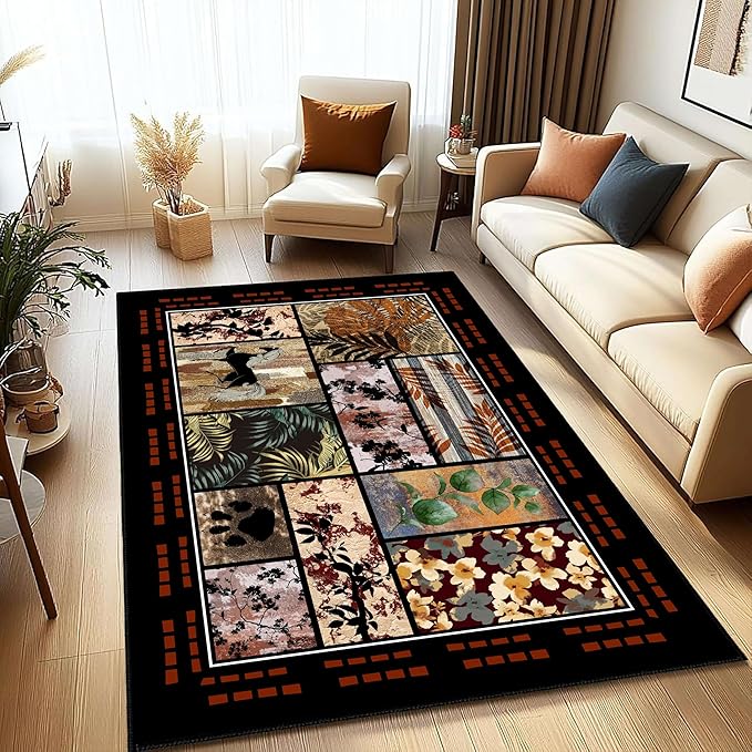 Rustic Cabin Rug 5x6 with Nature Animals & Moroccan Lattice, Vintage Boho Low Pile Carpet, Stain-Resistant Pet-Friendly & Non-Slip for Living Room, Bedroom, Dining Room