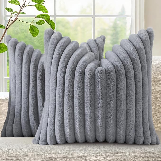 decorUhome Faux Fur Spring Throw Pillow Covers 20x20 Set of 2, Decorative Soft Plush Striped Neutral Couch Pillow Covers with Velvet Back for Sofa, Bed, Living Room Home, Grey