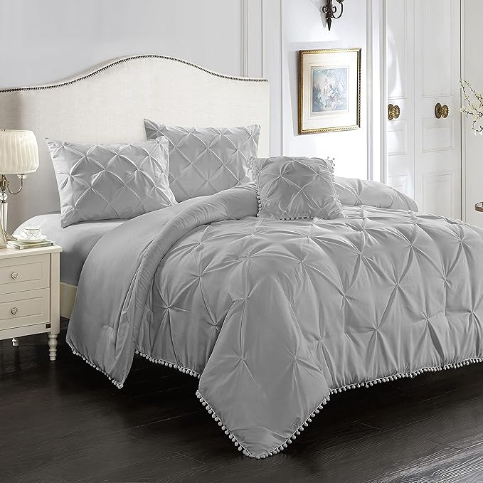 EVOLIVE 4pc Set Pinch Pleat/Kiss Pleat, Pintuck Down Alternative Comforter Set with Pompom (King, Silver Grey)