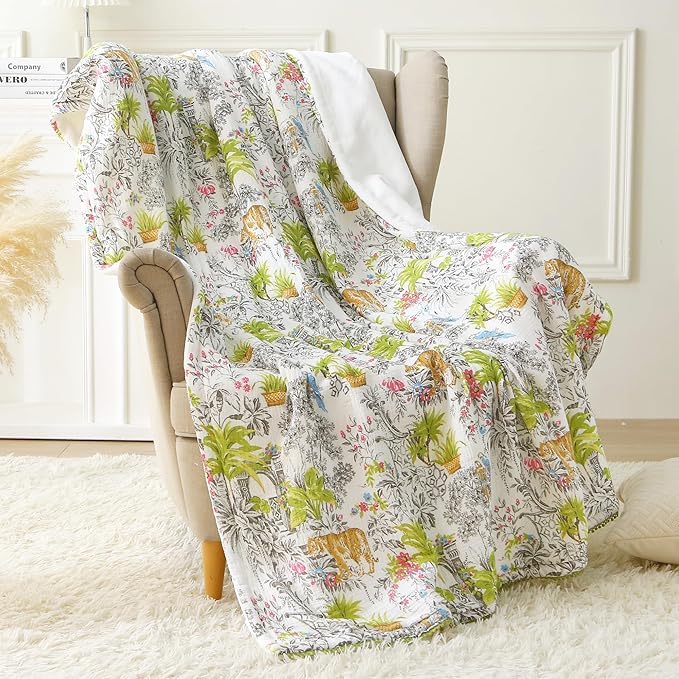 Viviland Fleece Throw Blanket Reversible Muslin Blankets, Soft Throw Blanket for Couch and Bed, Breathable Quilt Bedspread, Gauze Bedding for Adults, Large 50x70 inch, Tiger Yanina