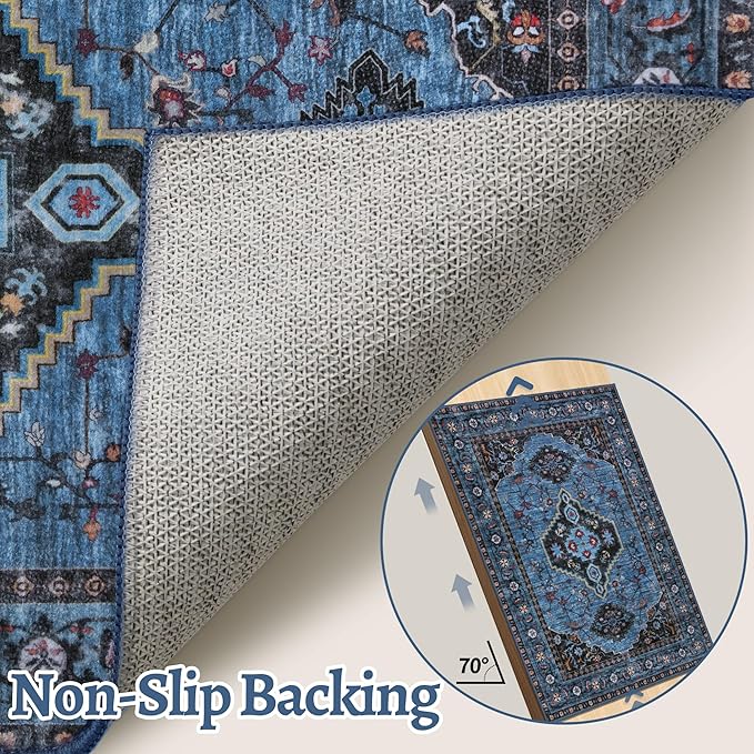 Tangsoo Blue 2x3 Washable Rugs for Entryway Oriental Non Slip Small Area Rug, Vintage Indoor Front Door Rug, Print Door Mat Indoor Entrance Soft Low Pile Throw Rug for Entry Kitchen Bedroom Blue/Black