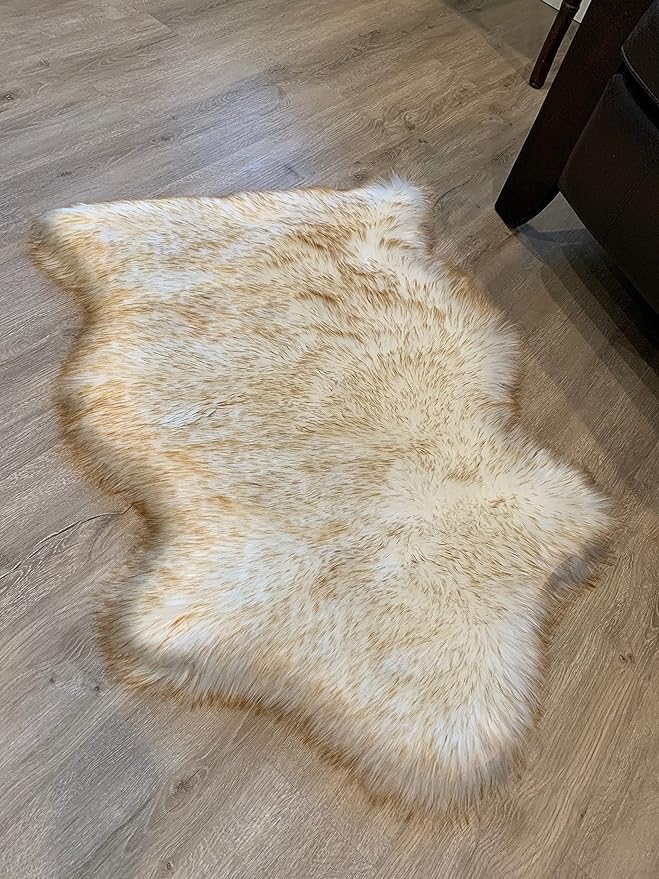 LAMBZY Faux Sheepskin Super Soft Hypoallergenic Silky Shag Rug for Living Room, Kids Room, Sofa (Single 2'x3', White/Brown Tips)