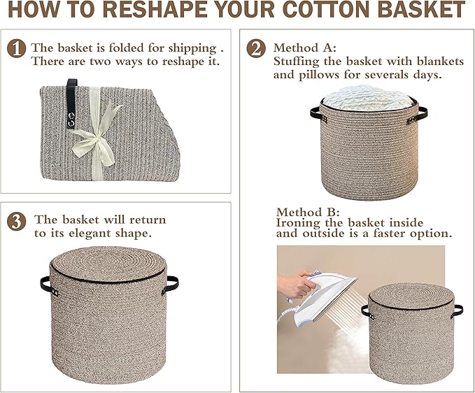 Cotton rope Storage Basket with Zipper cover & Woven baskets with Lid easy to move Multi-Purpose Storage Basket for Living Room, 13 x14 inches(Brown)